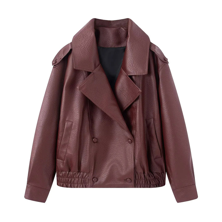 Damen nan cropped zweireihiger Kunstleder-Blouson mit breitem Revers und elastischem Saum Drune
