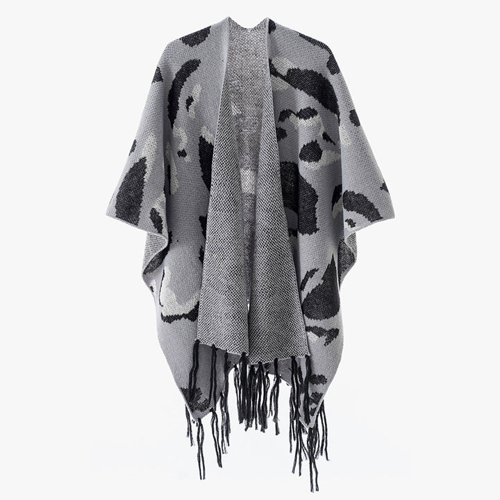 Damen Oversize-Strickponcho mit animalischem Jacquard und Fransensaum Drune
