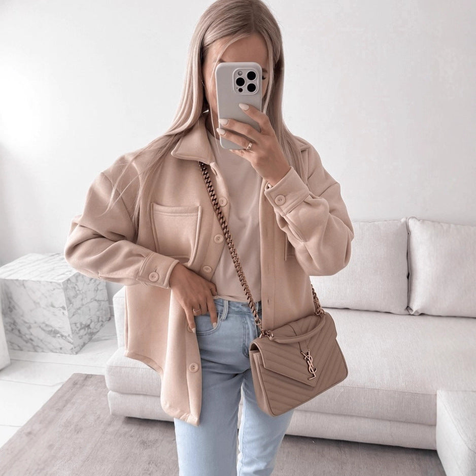 Damen Oversized Hemdjacke Shacket aus weichem Wollmix mit aufgesetzten Brusttaschen Drune