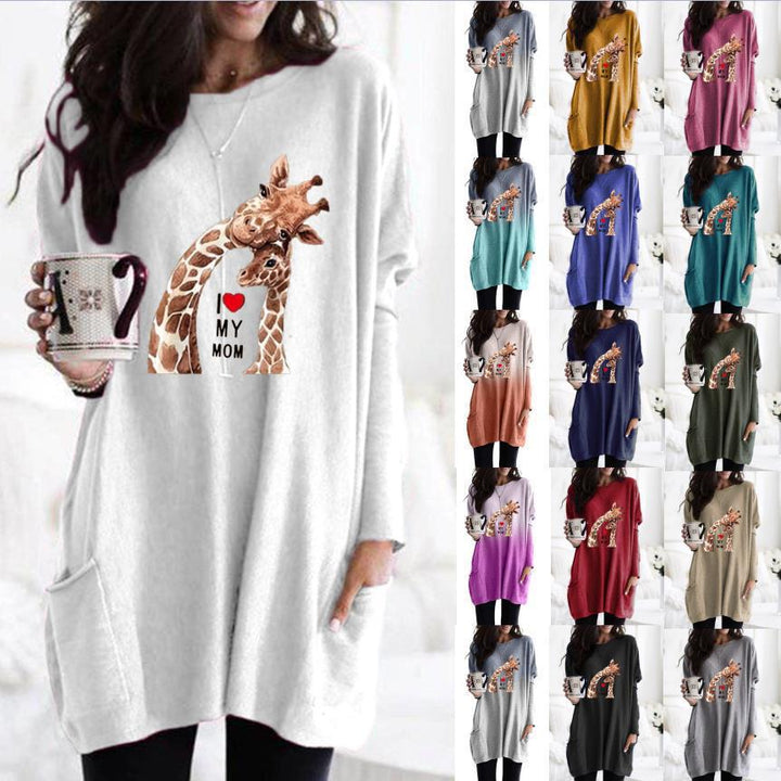 Frauen Übergroße Sweatkleid mit Giraffenmuster, Rundhalsausschnitt und Seitentaschen Drune