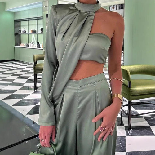 Damen Elegantes Zweiteiliges Set mit asymmetrischem Oberteil und weit geschnittener Hose Drune