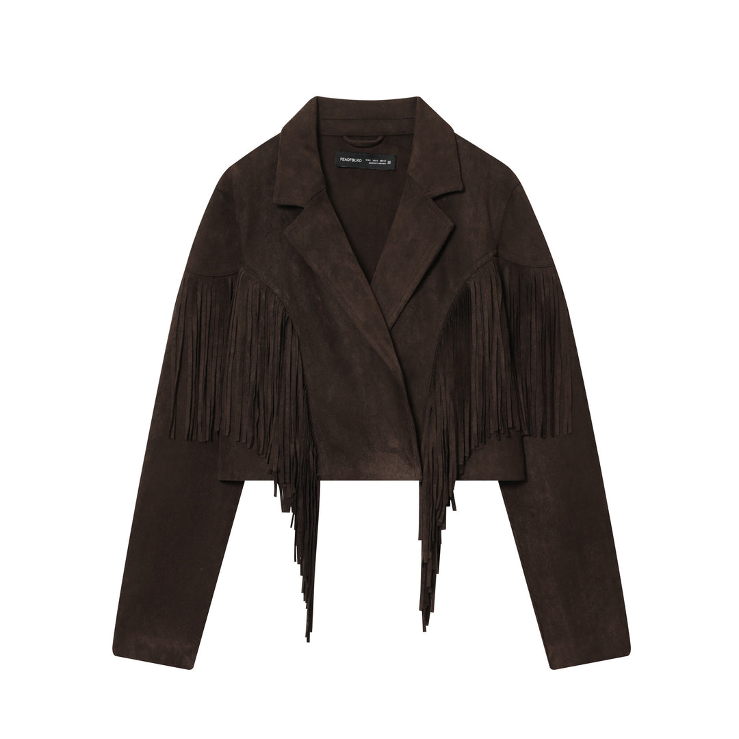 Damen nan kurze Wildlederjacke mit Reverskragen, kastigem Cropped‑Schnitt und dekorativen Fransen Drune