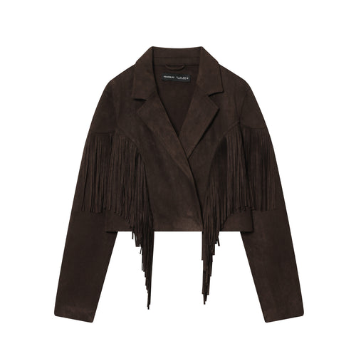Damen nan kurze Wildlederjacke mit Reverskragen, kastigem Cropped‑Schnitt und dekorativen Fransen Drune