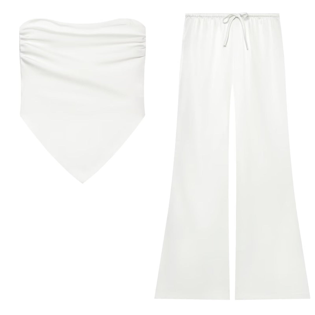 Damen Weite Satin‑Palazzohose mit Tunnelzug und elastischem Bund Drune