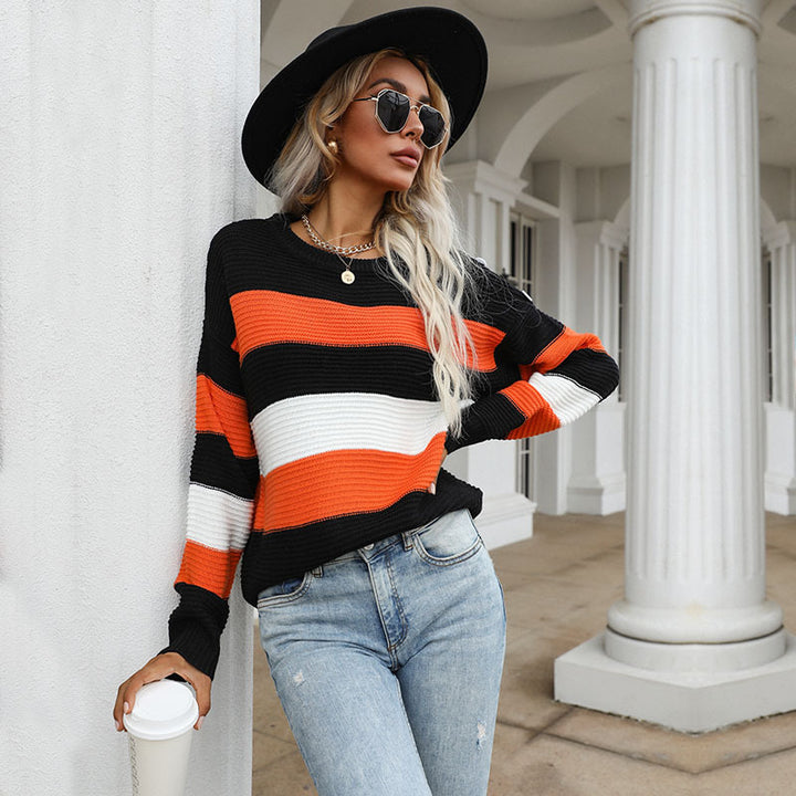 Damen Breitgestreifter Strickpullover im Fisherman‑Look mit gerippter Textur und überschnittener Schulter Drune