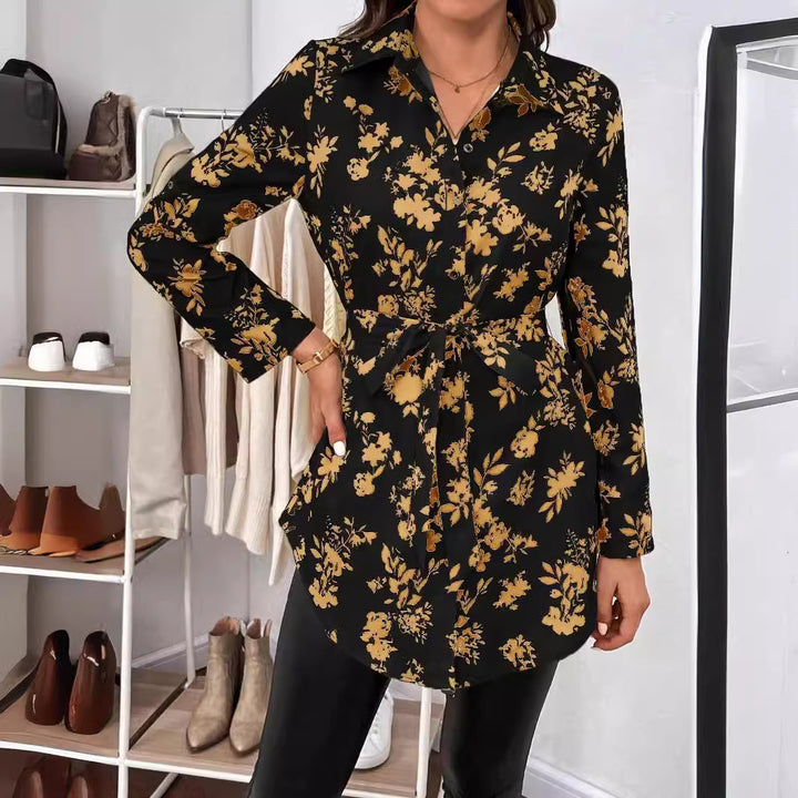 Damen nan lockere Hemdblusen-Tunika mit floralem Allover-Print, Bindegürtel und Krempelärmeln Drune
