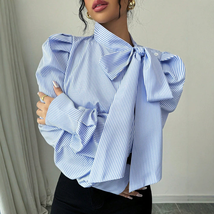 Damen Popeline-Bluse mit Stehkragen, großem Schleifenband und Ballonärmeln Drune