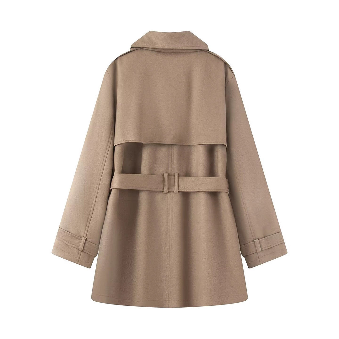 Damen Taillierter Wildlederoptik-Trenchcoat mit Bindegürtel und doppelreihiger Knopfleiste Drune