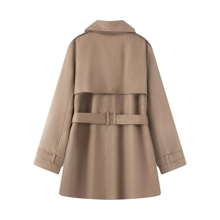 Damen Taillierter Wildlederoptik-Trenchcoat mit Bindegürtel und doppelreihiger Knopfleiste Drune