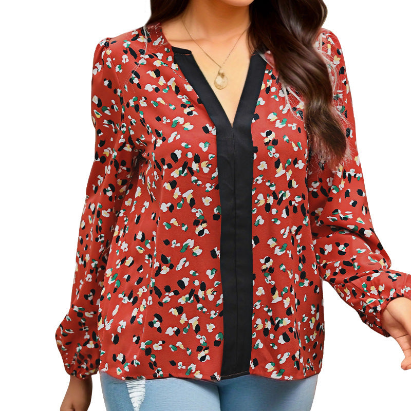 Damen Locker geschnittene V-Ausschnitt-Bluse mit kontrastierter Zierblende und Allover-Print Drune