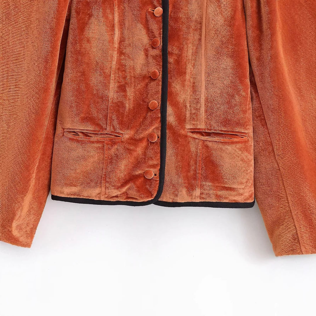 Damen Samtjacke mit Stehkragen, kontrastreicher Paspelierung und Knopfverschluss Drune