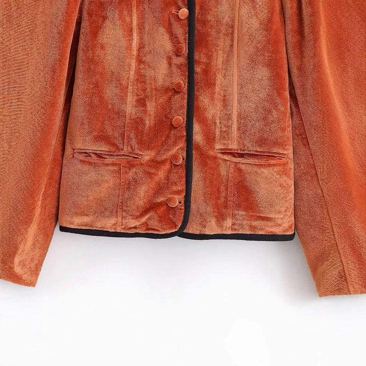 Damen Samtjacke mit Stehkragen, kontrastreicher Paspelierung und Knopfverschluss Drune