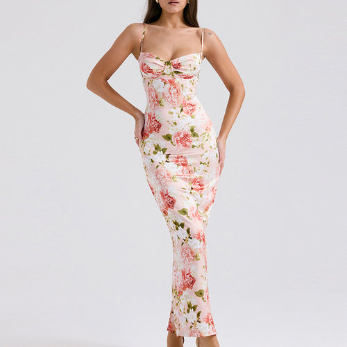 Damen Körperbetontes Maxikleid mit floralen Akzenten und verstellbaren Spaghettiträgern Drune
