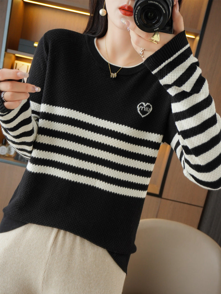 Damen Oversize-Strickpullover mit Wabenstruktur, kontrastierenden Streifen und dezentem Herzlogo Drune