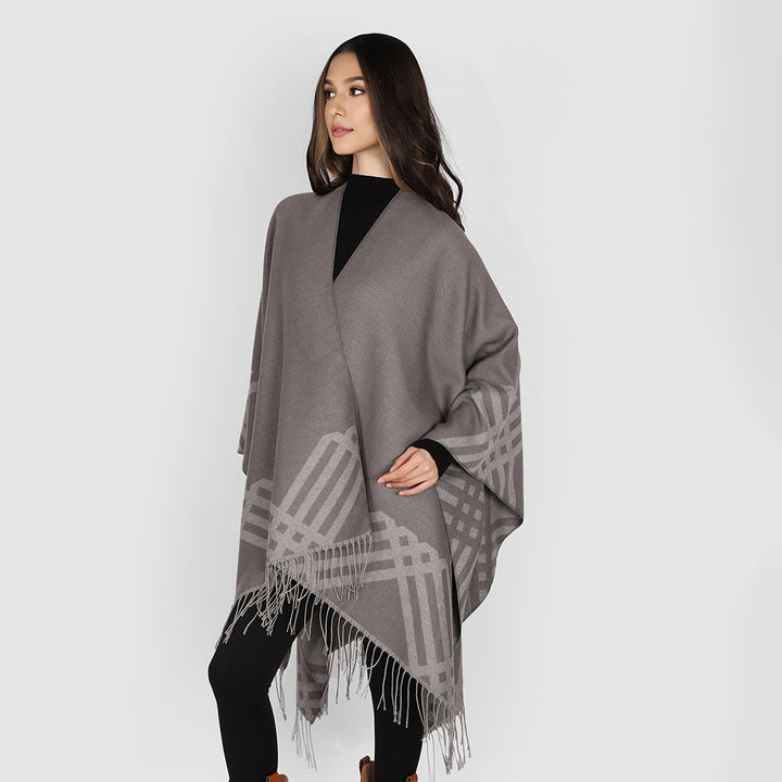 Damen Oversize-Kimono-Poncho aus Wollmix mit grafischem Raster-Jacquard und Fransensaum Drune