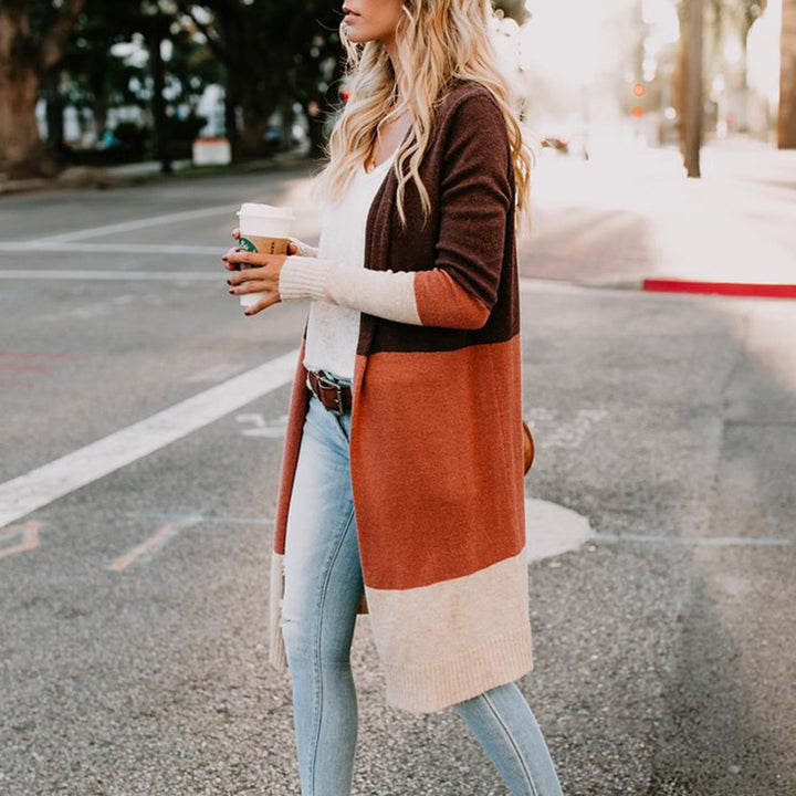 Damen Longline-Cardigan mit Colorblock-Design, offener Front und Rippsaum Drune