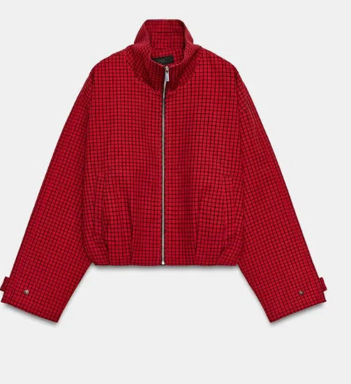 Damen Cropped Bomberjacke mit Stehkragen, Karomuster und elastischem Saum Drune