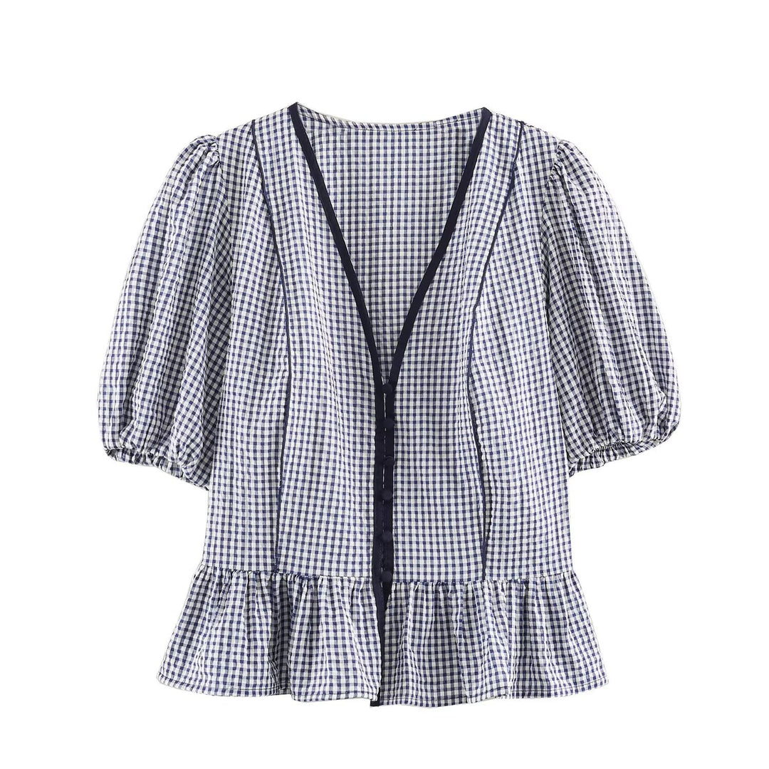Damen Karierte V‑Neck‑Bluse mit Puffärmeln und Volantsaum Drune