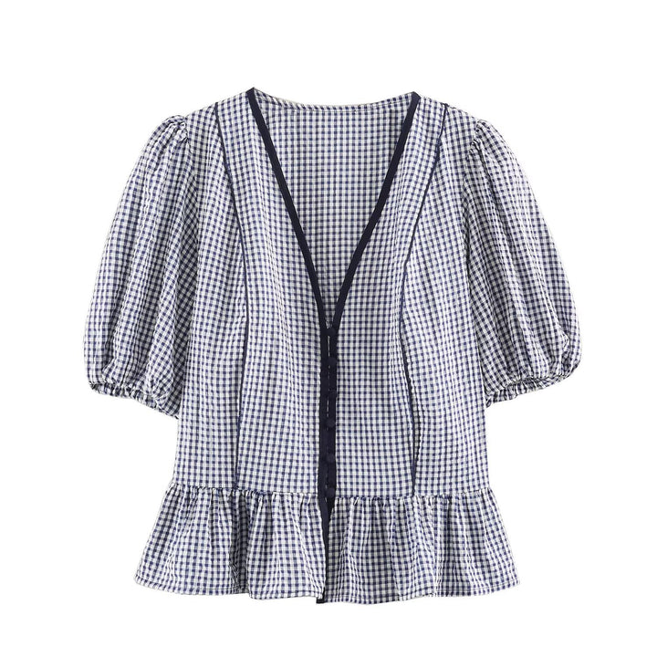 Damen Karierte V‑Neck‑Bluse mit Puffärmeln und Volantsaum Drune