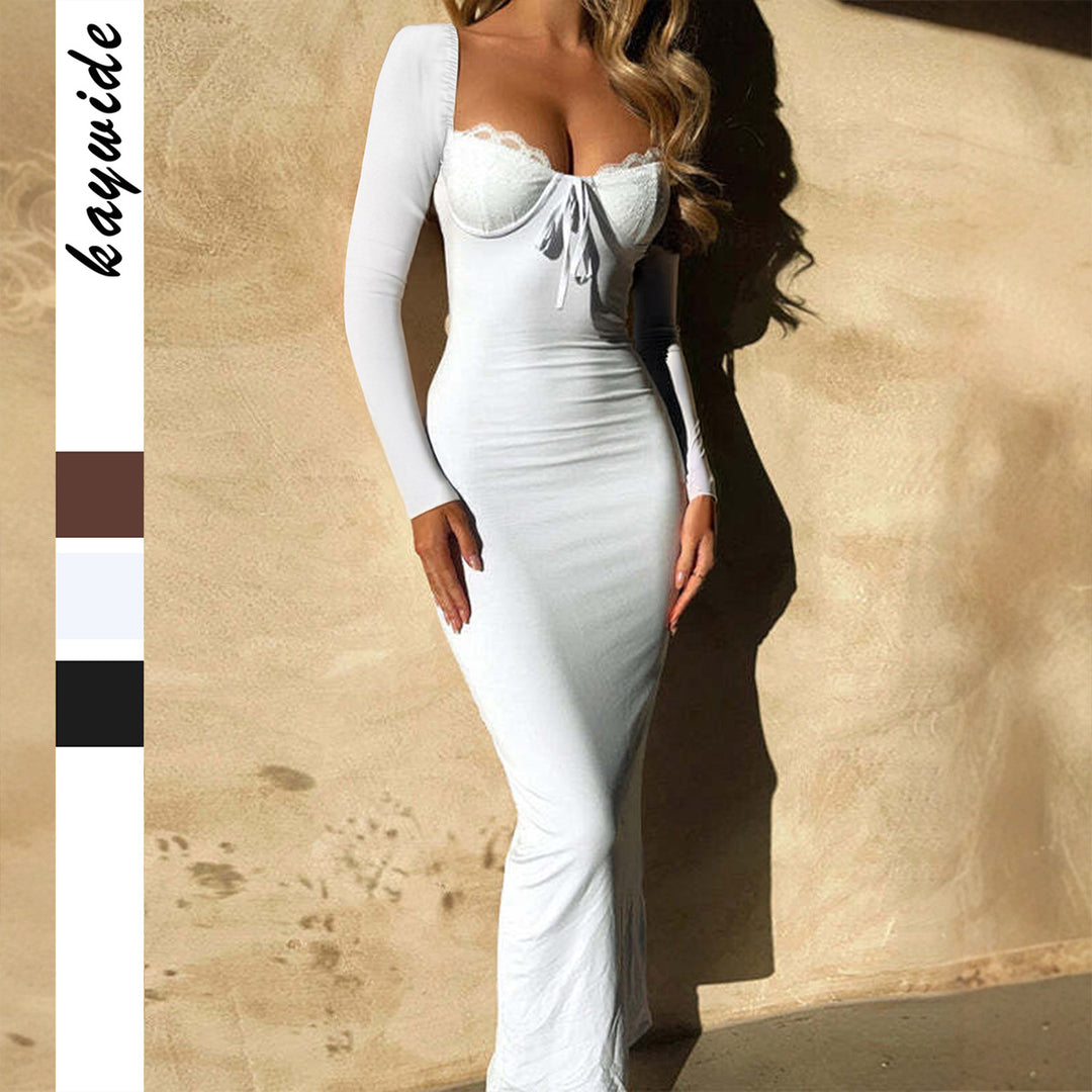 Damen nan eng anliegendes Bodystyle-Maxikleid mit Spitzen-Bustier, Schnürdetail und leichtem Schleppeffekt Drune