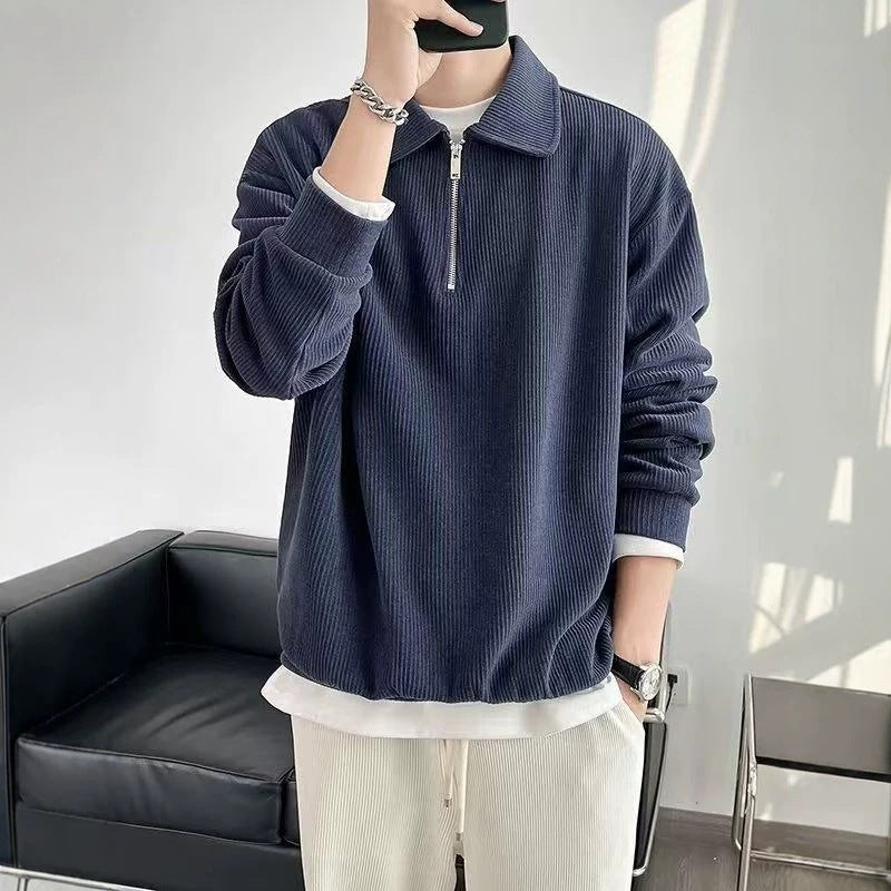 Herren Gerippter Pullover mit Halbreißverschluss und Polokragen Drune