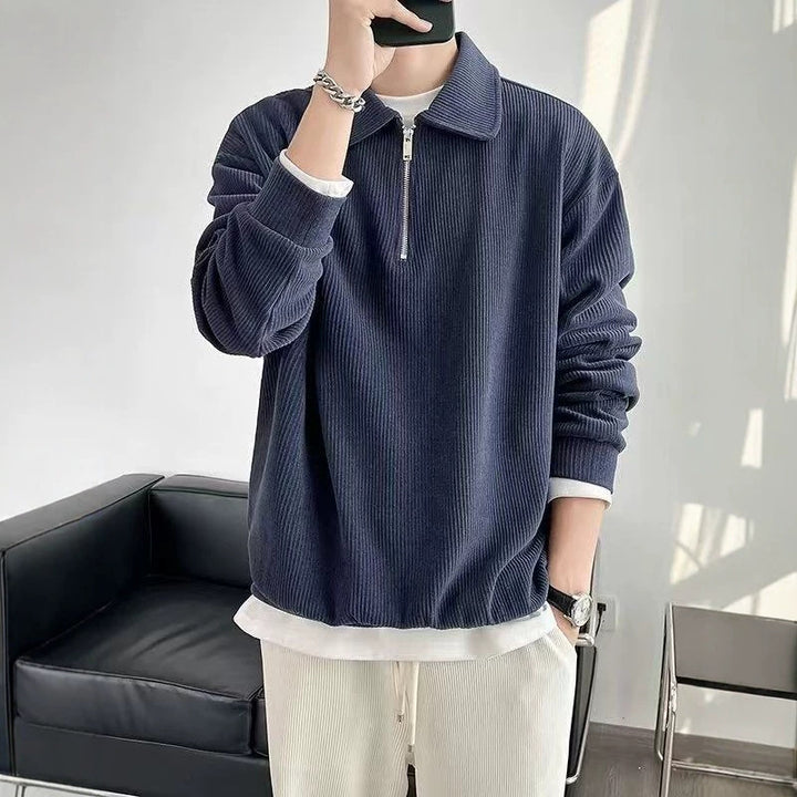 Herren Gerippter Pullover mit Halbreißverschluss und Polokragen Drune