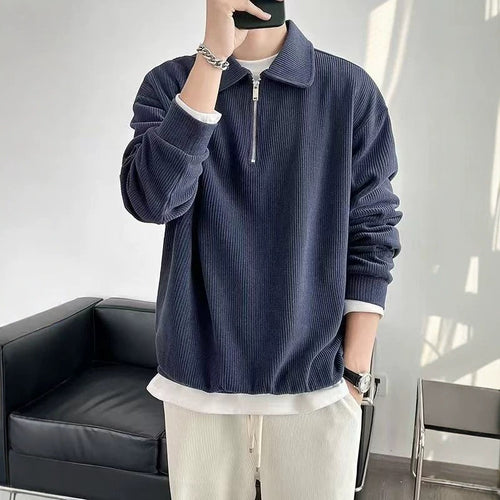 Herren Gerippter Pullover mit Halbreißverschluss und Polokragen Drune