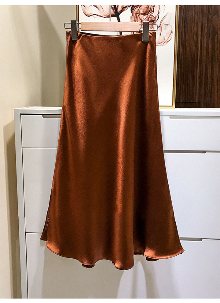 Damen Fließender Satin-Bias-Midirock mit hohem Bund und seitlichen Schlitzen Drune
