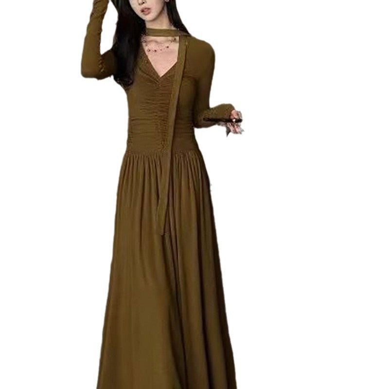 Damen elegantes Maxi-Kleid mit raffiniertem V-Ausschnitt und langen Ärmeln Drune