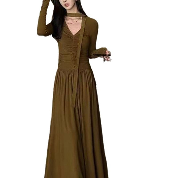 Damen elegantes Maxi-Kleid mit raffiniertem V-Ausschnitt und langen Ärmeln Drune