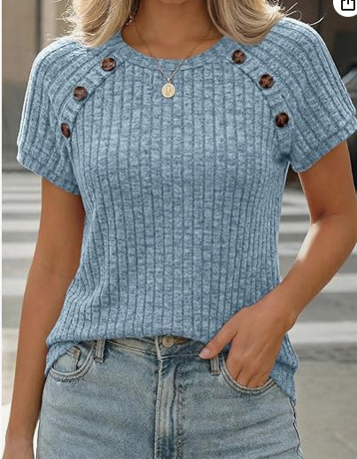 Damen lässiges Rippenstrick-T-Shirt mit Knöpfen Drune