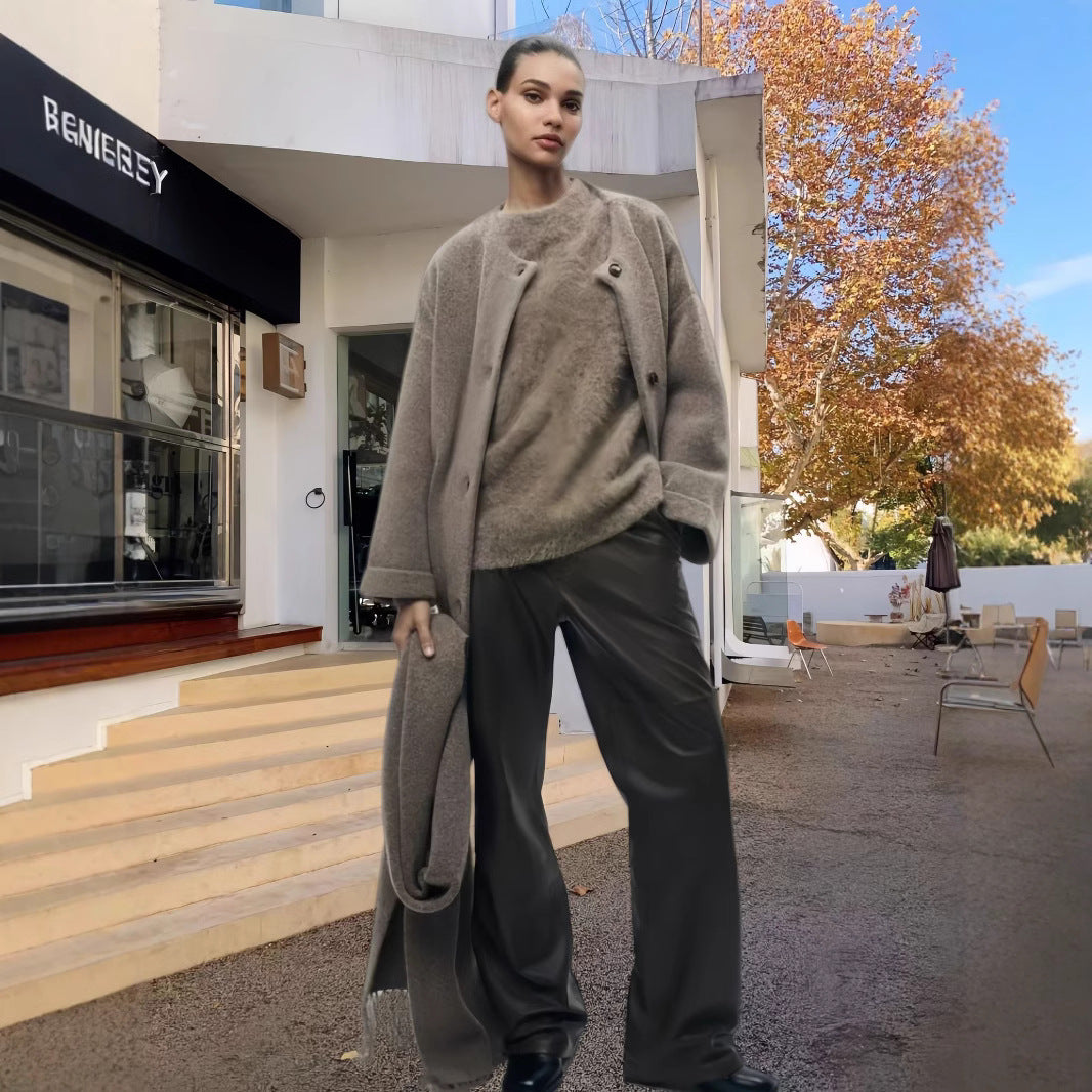 Damen elegante und warme Wickeljacke mit Schalkragen und Fransen Drune