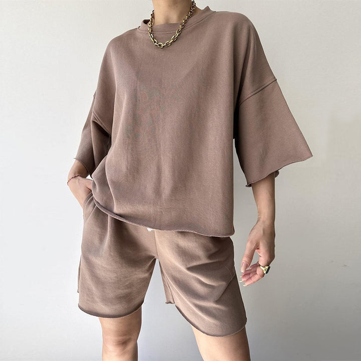 Damen lässiges Kurzarm-Oberteil und kurze Hose Set Drune