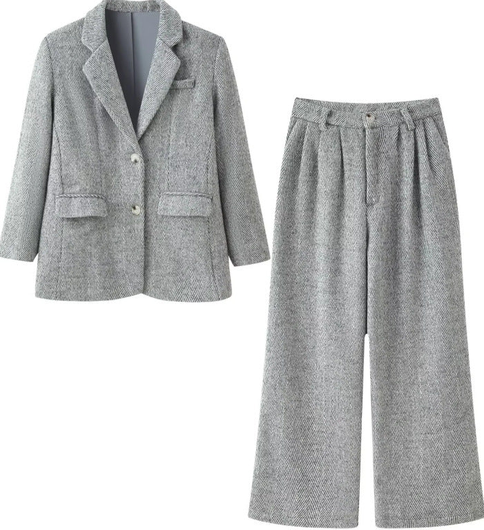 Damen Zweiteiliges Tweed-Blazer- und Culotte-Set mit Fischgrätstruktur Drune