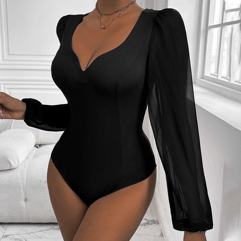 Damen Figurbetontes Body-Top mit herzförmigem Ausschnitt, Puffärmeln und taillierter Silhouette Drune