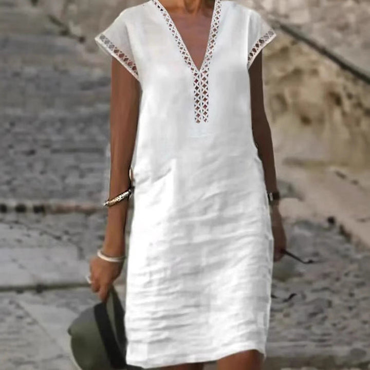 Damen nan leichtes Leinen-Kaftankleid mit V-Ausschnitt und Ajourbesatz Drune