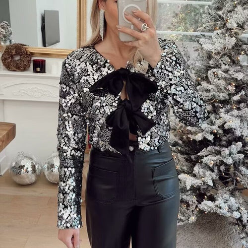 Damen nan Pailletten-Bolerojacke mit doppelt gebundenen Satin‑Schleifen und kurzer Cropped‑Silhouette Drune