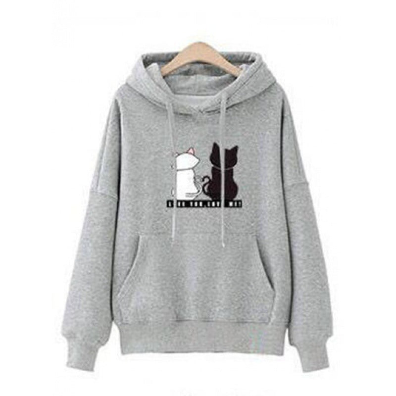 Damen Kapuzenpullover mit Katzen-Print, lockerem Schnitt und Kängurutasche Drune