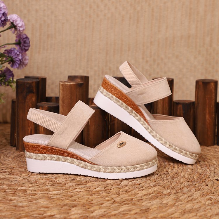 Damen  Espadrille-Keilpantoletten mit elastischem Fersenriemen, Veloursoptik-Obermaterial und geflochtenem Jute-Plateau Drune