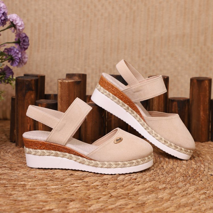 Damen  Espadrille-Keilpantoletten mit elastischem Fersenriemen, Veloursoptik-Obermaterial und geflochtenem Jute-Plateau Drune