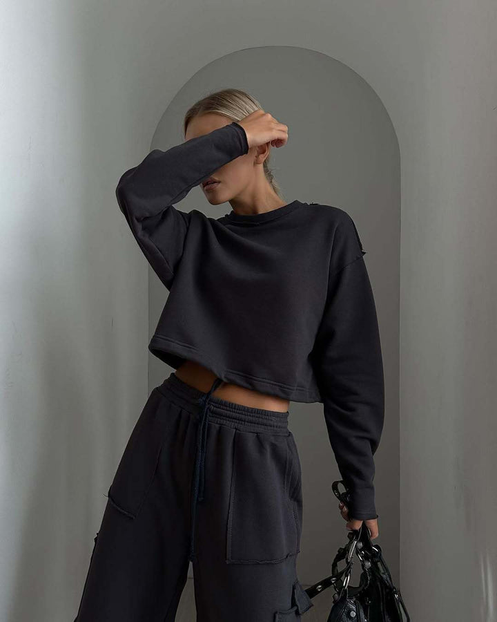 Damen Kurzes Tunnelzug-Sweatshirt mit geripptem Saum und lässiger High‑Waist‑Jogginghose Drune