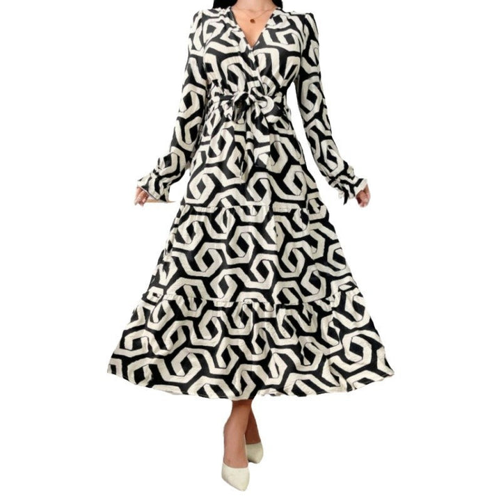 Damen Maxi-Kleid mit modernem geometrischen Druck und taillierbarem Design Drune