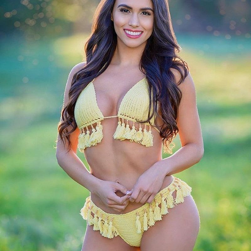 Damen Häkel-Bikini-Set mit fransigen Details und verstellbaren Trägern Drune