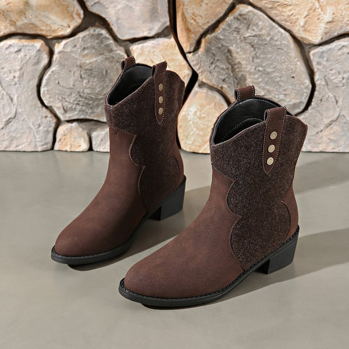 Damen Modische Cowboy-Stiefeletten mit geschmackvollen Details und robustem Blockabsatz Drune