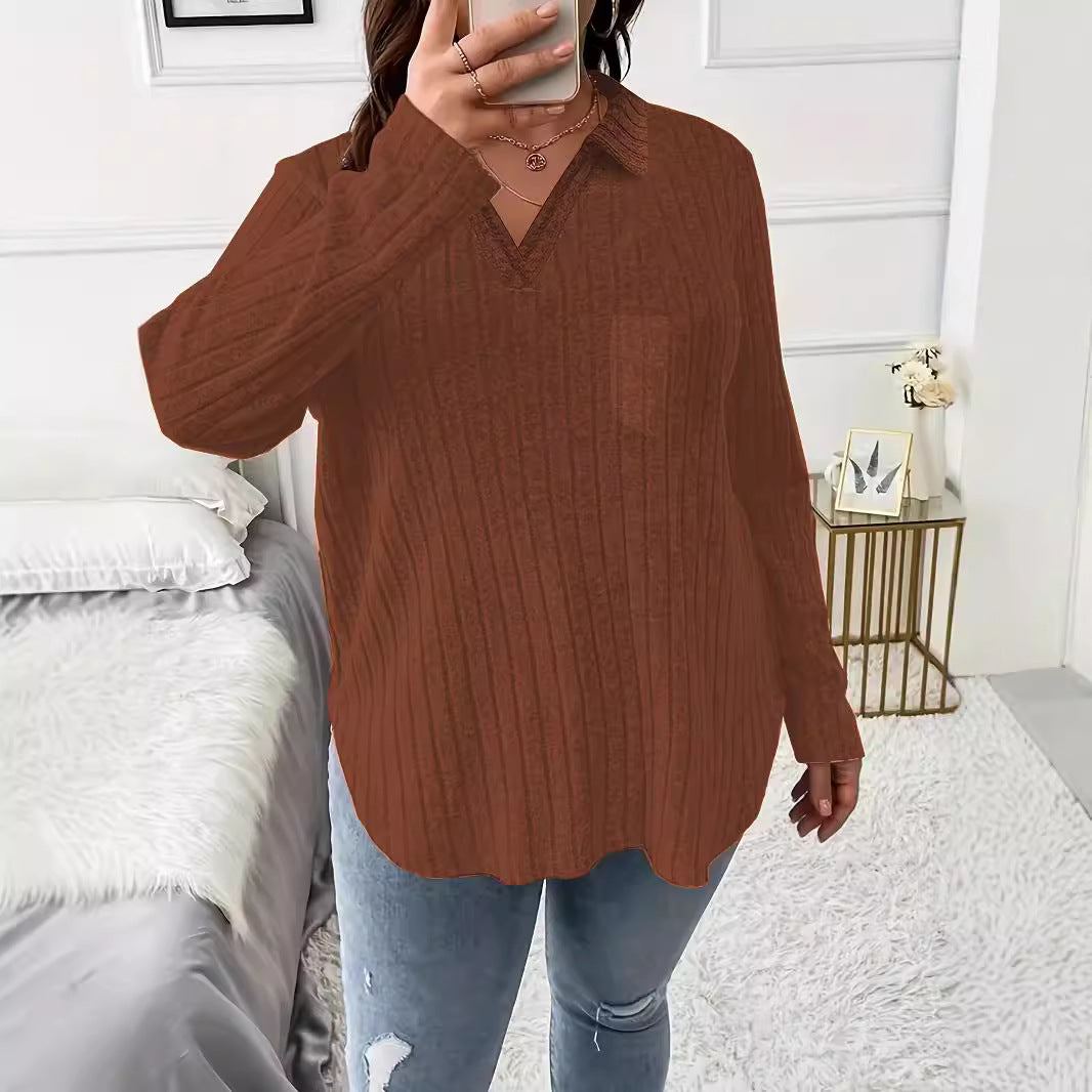 Damen Gerippter V-Ausschnitt Pullover mit Hemdkragen und lockerer Tunika-Silhouette Drune