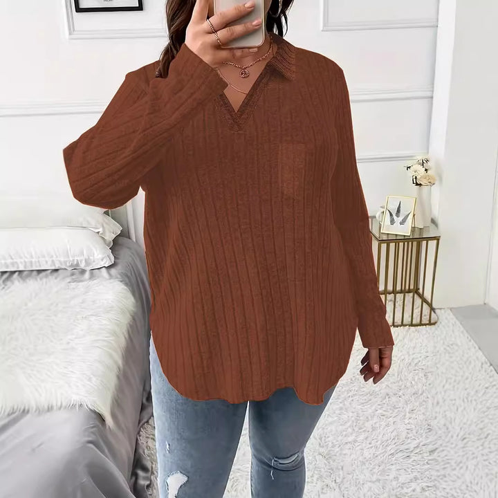 Damen Gerippter V-Ausschnitt Pullover mit Hemdkragen und lockerer Tunika-Silhouette Drune