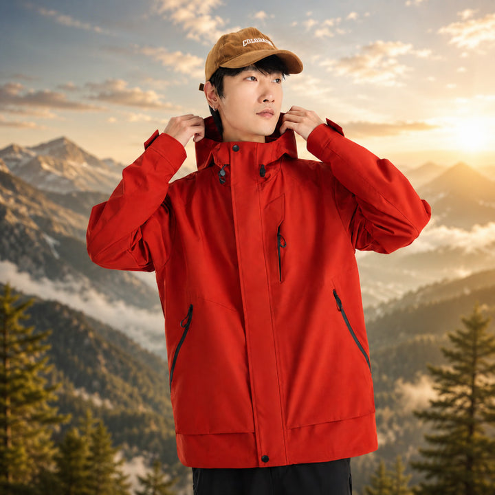 Herren Leichte atmungsaktive zweilagige Regen‑Softshelljacke mit verstellbarer Kapuze und Brusttasche Drune
