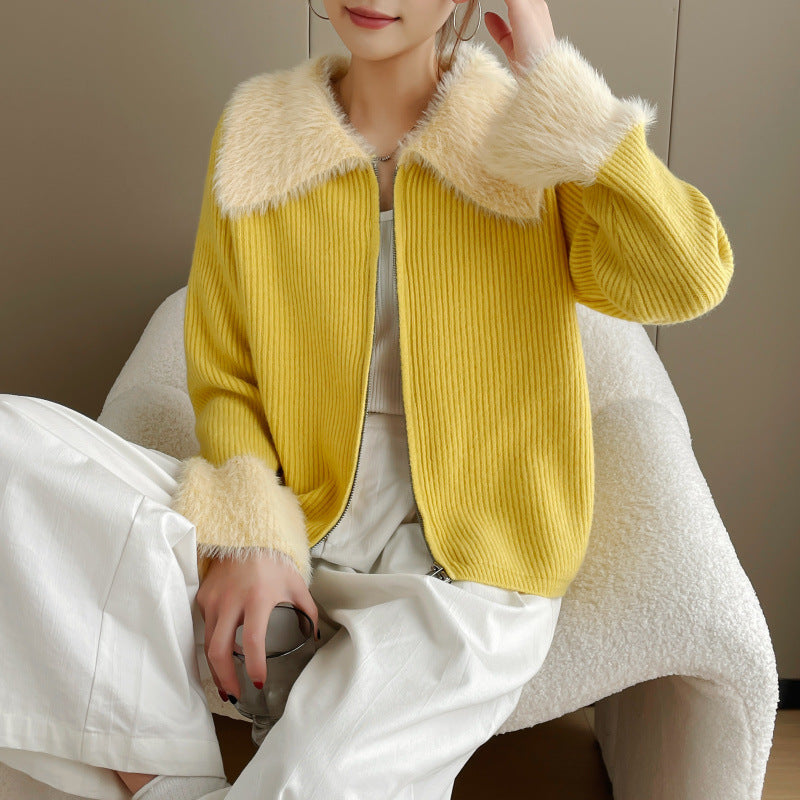 Damen Strickjacke mit luxuriösem Kunstfellkragen und Rippstrick Drune