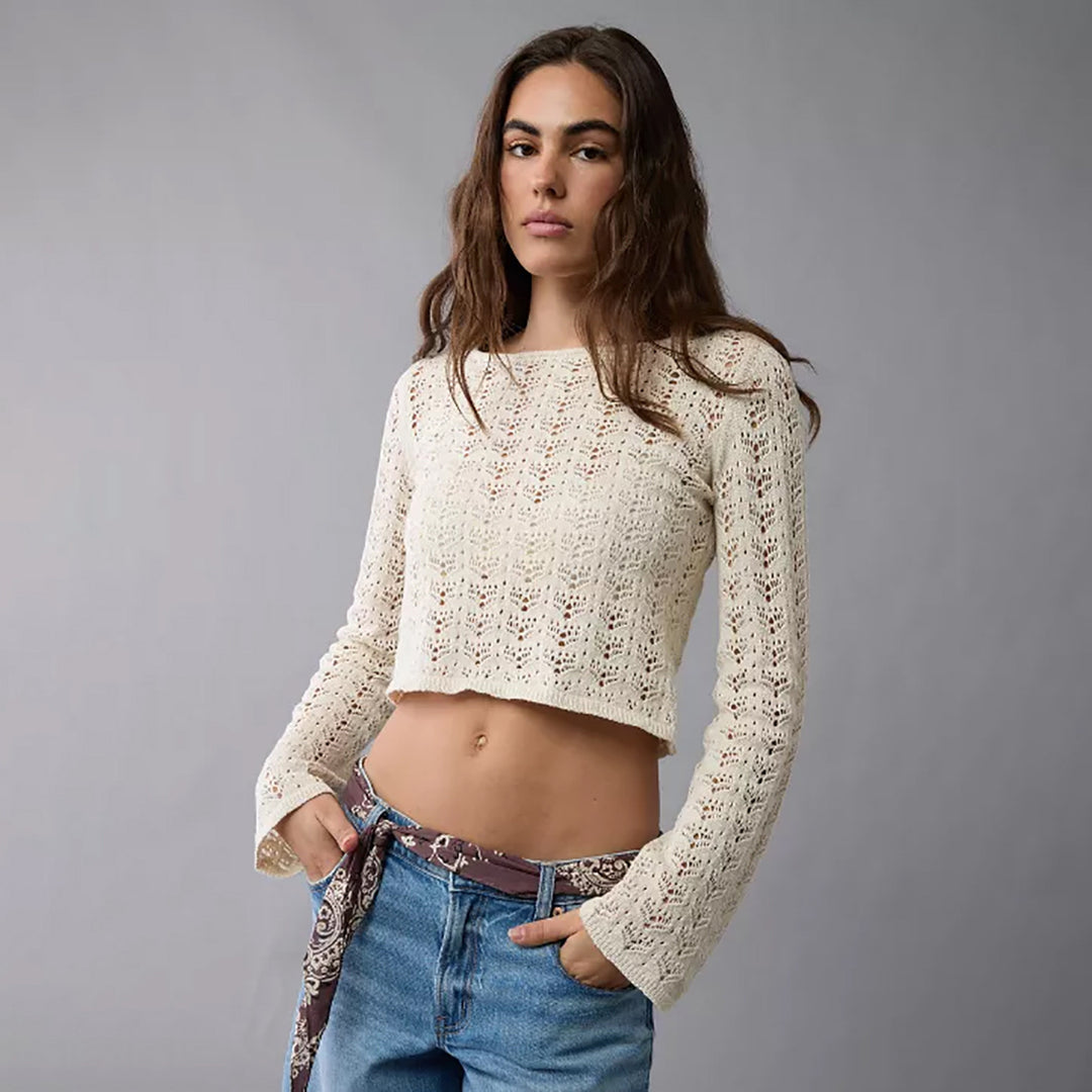Damen Feinstrick-Cropped-Top mit Ajourmuster und Rundhalsausschnitt Drune