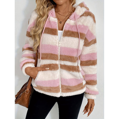 Damen Fleecejacke mit Kapuze und Streifenmuster Drune